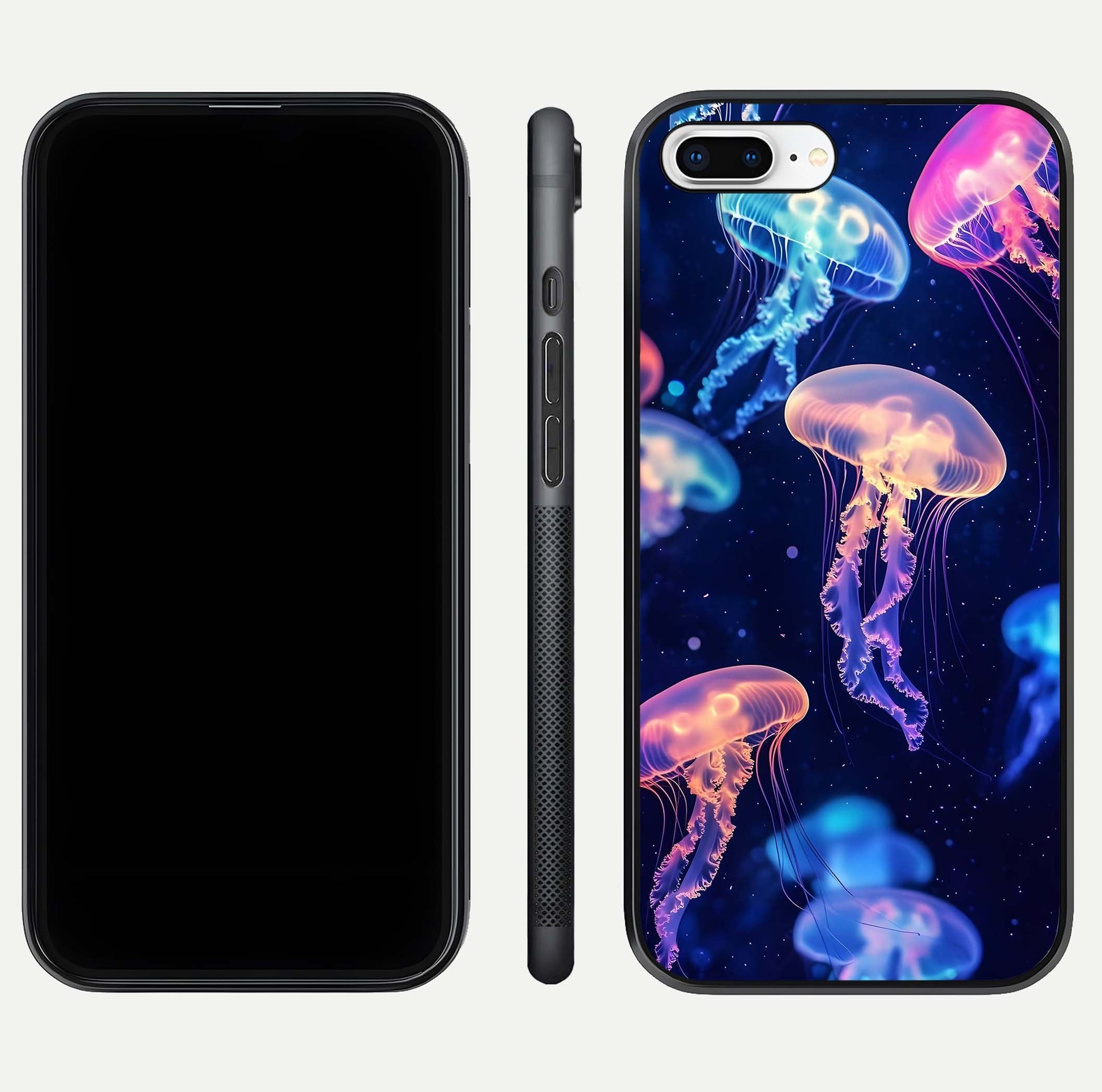 Jellyfish Pattern Glass Case for iPhone 7 Plus front and back view layout highlighting aquatic tones and curved edges