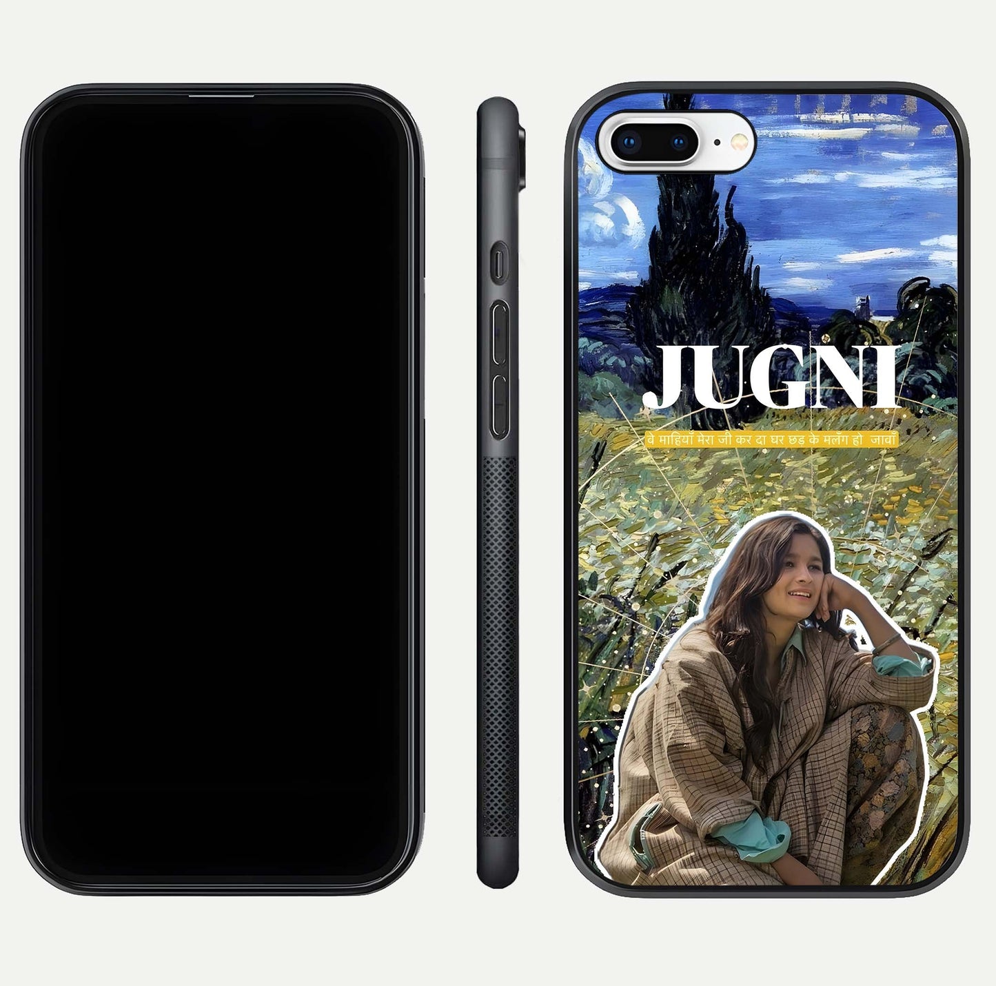 Jugni Soul Vibes Glass Case for iPhone 7 Plus front and back view layout highlighting desi art and curved glass edges