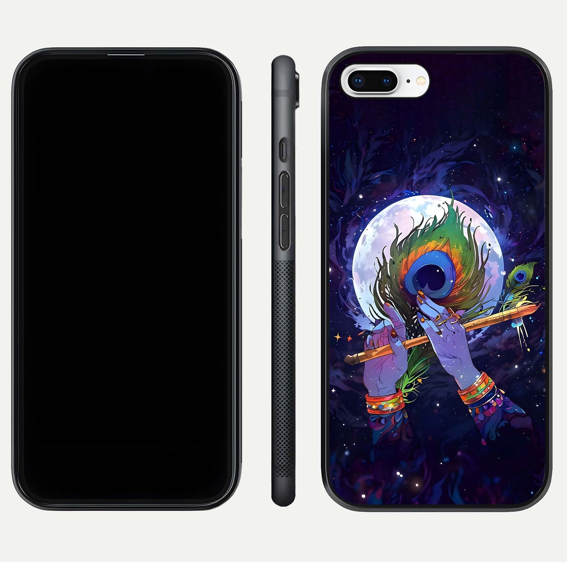 Krishna Hands Art Glass Case for iPhone 7 Plus front and back view layout displaying soft edges and spiritual tones