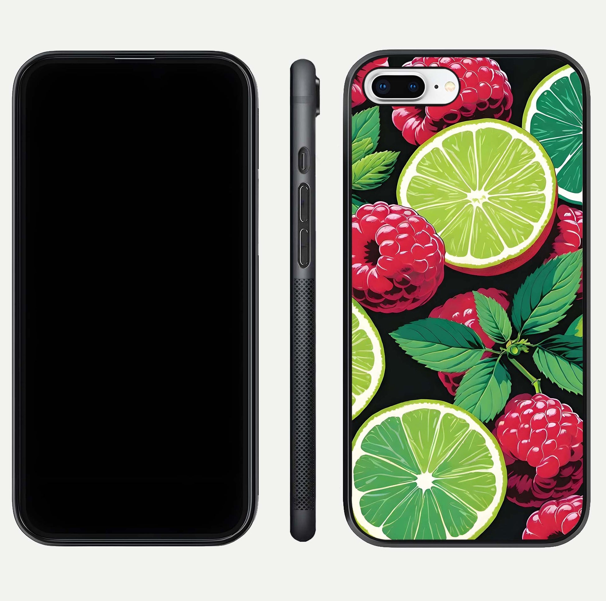 Lime and Raspberry Pattern Glass Case for iPhone 7 Plus front & back layout highlighting fresh summer tones