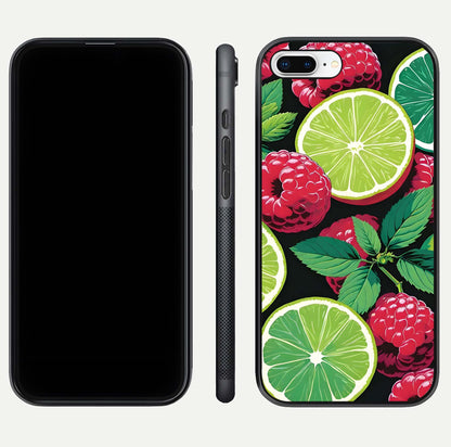 Lime and Raspberry Pattern Glass Case for iPhone 7 Plus front & back layout highlighting fresh summer tones