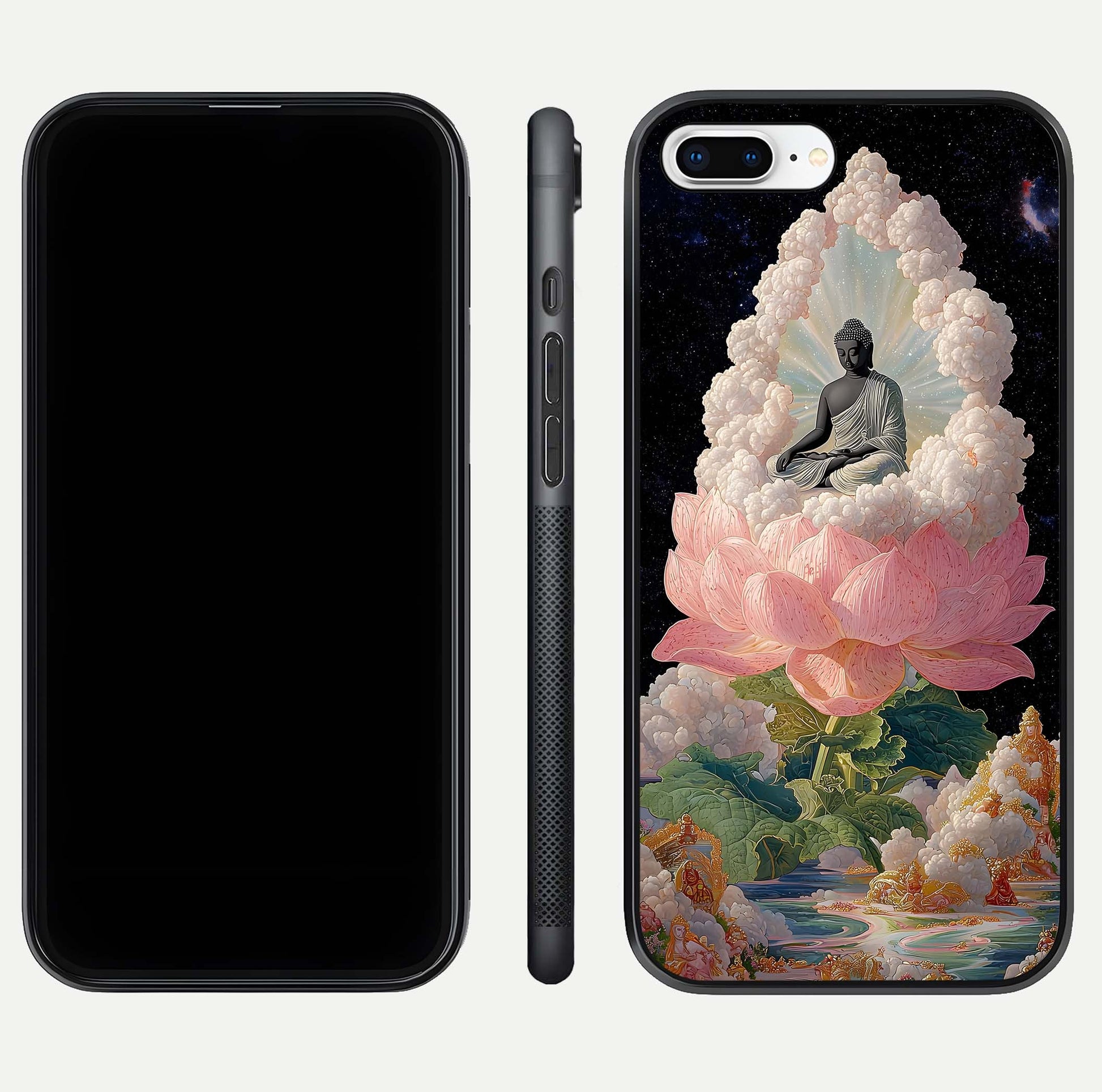 Lotus Divine Peace Glass Case for iPhone 7 Plus front & back layout highlighting soft pink hues and curved edges
