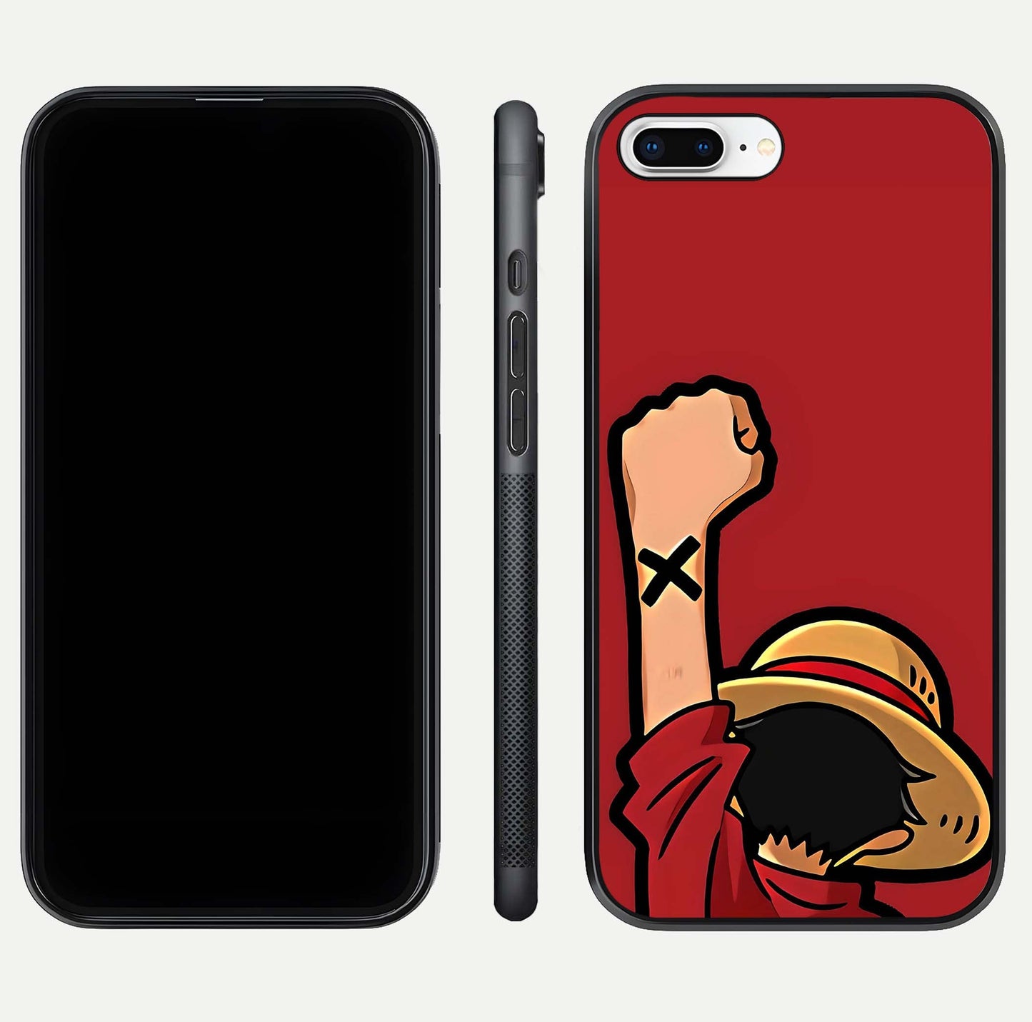 Luffy X Spirit Glass Case for iPhone 7 Plus front & back layout displaying anime theme and curved edges