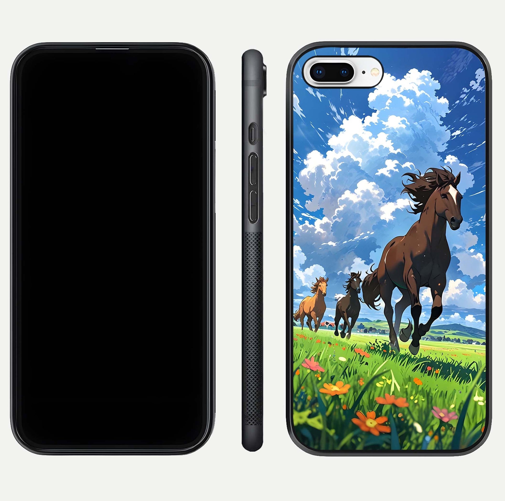 Majestic Horses Galloping Glass Case for iPhone 7 Plus front & back layout highlighting dynamic design and edges