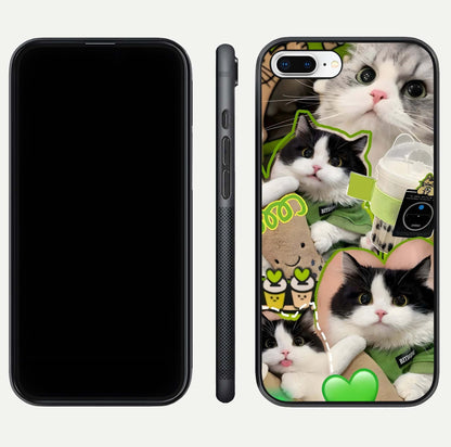 Matcha Cats Mood Glass Case for iPhone 7 Plus front & back layout highlighting cute theme and smooth edges