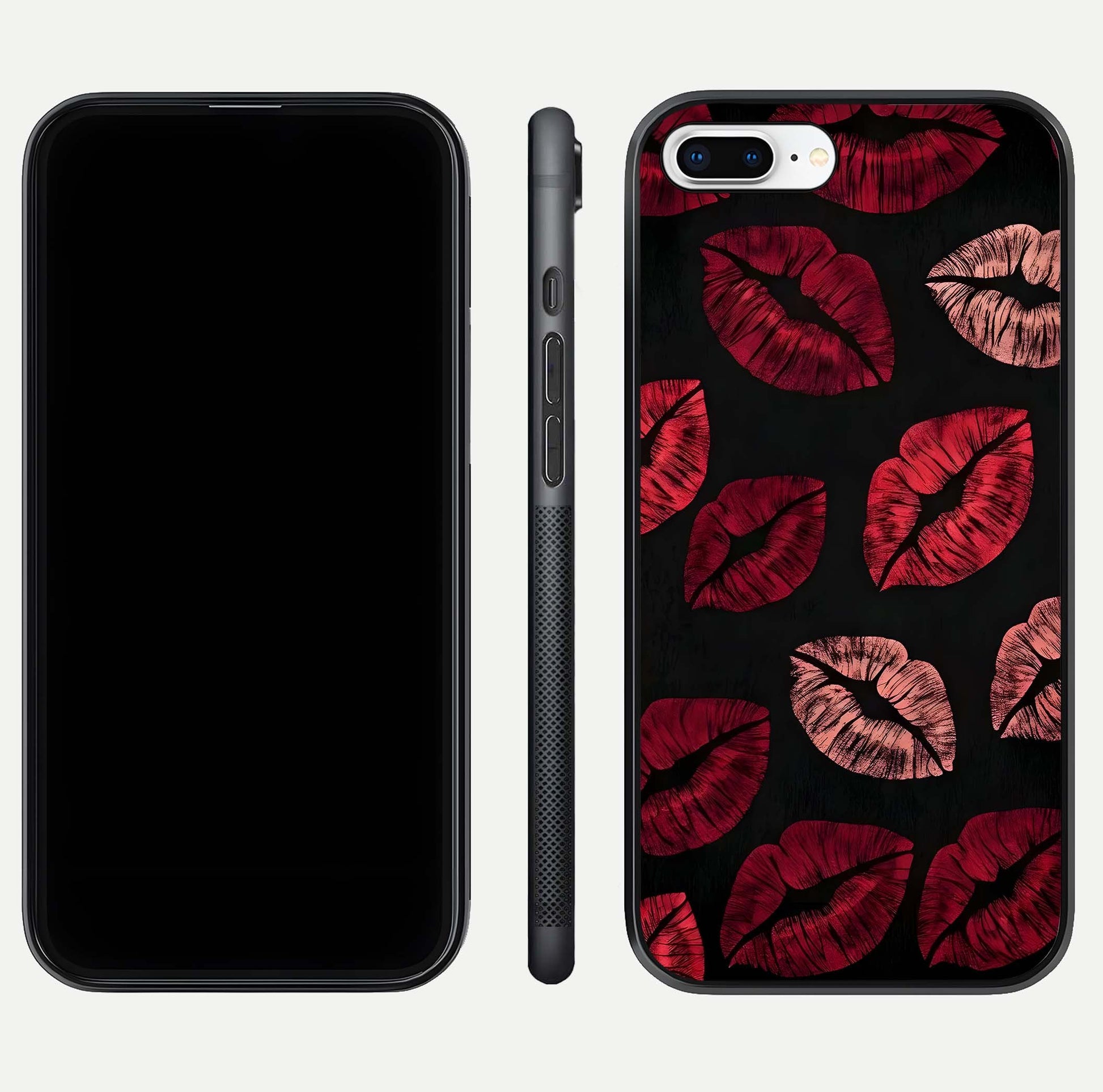 Midnight Kiss Love Glass Case for iPhone 7 Plus front & back view layout showing romantic theme and smooth curves