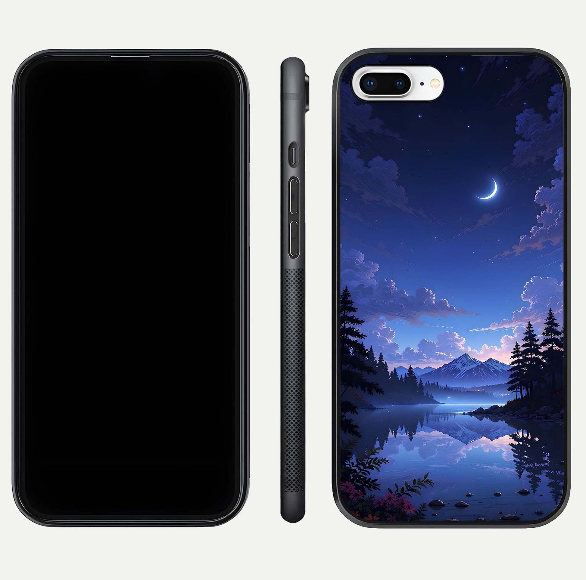 Midnight Lake Peace Glass Case for iPhone 7 Plus front & back layout highlighting calm design and curved edges