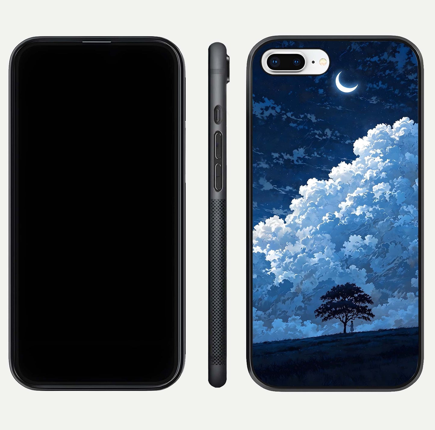 Midnight Sky Serenity Glass Case for iPhone 7 Plus front & back layout highlighting celestial art and curves
