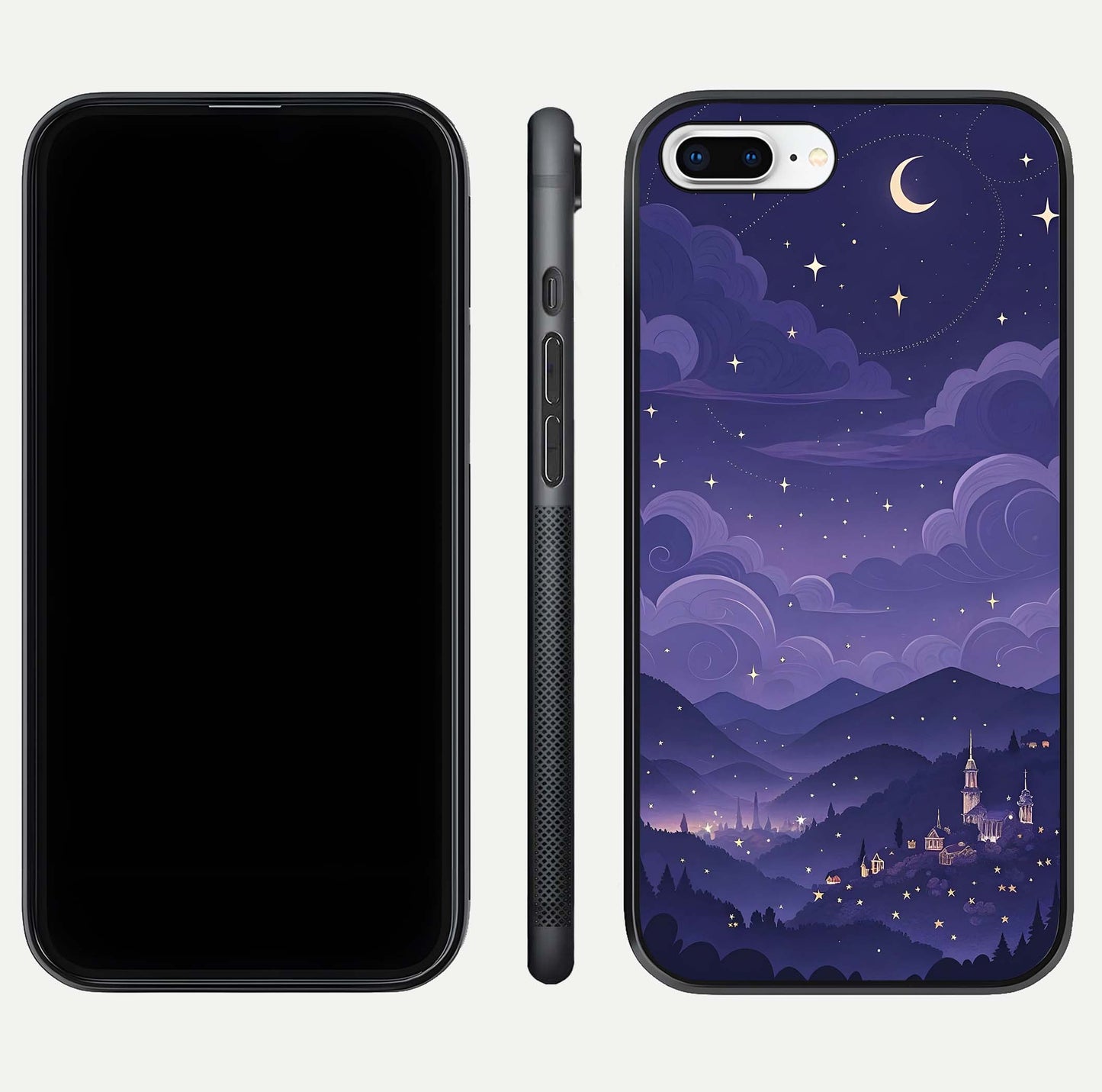 Minimal Night View Glass Case for iPhone 7 Plus front & back layout highlighting minimal night vibe and curves