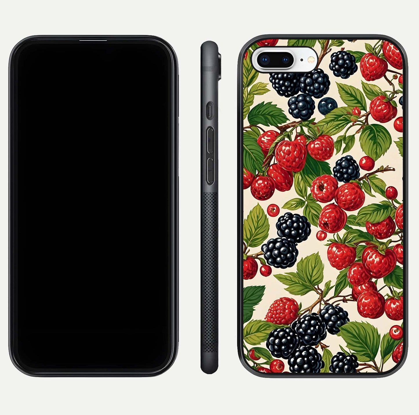 Mixed Berry Collage Glass Case for iPhone 7 Plus front & back layout highlighting colorful art and curved edges