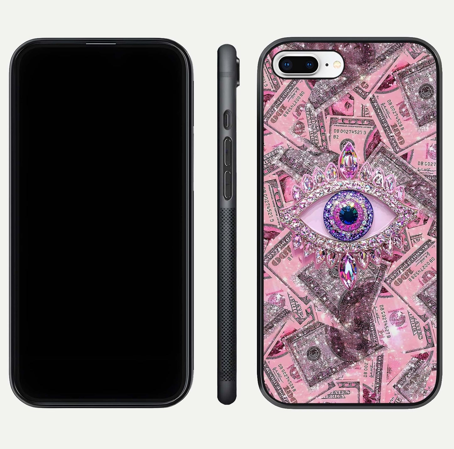 Money Eye Luxe Glass Case for iPhone 7 Plus front & back layout highlighting luxury edge design and bold art
