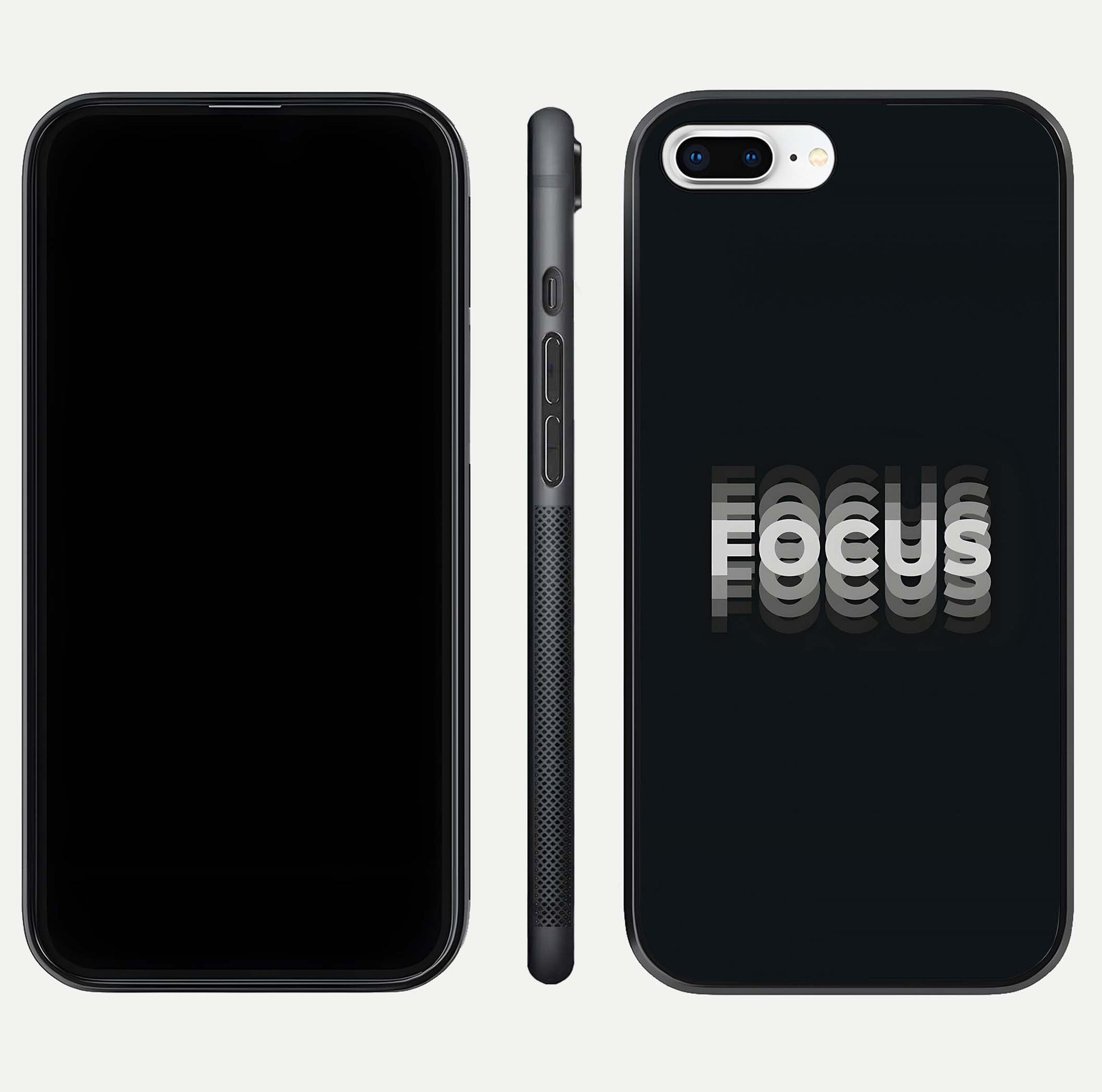Mono Focus Vision Glass Case for iPhone 7 Plus front & back layout showing clean focus lines and curved edges