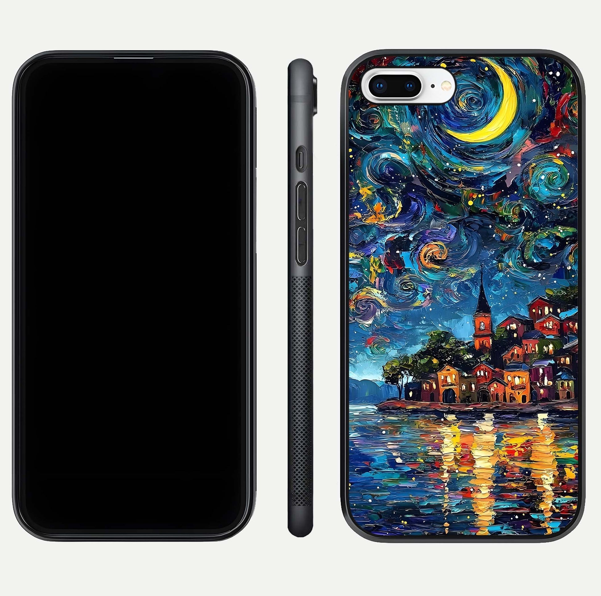 Moonlight Harbor Glow Glass Case for iPhone 7 Plus front & back layout highlighting calm harbor tones