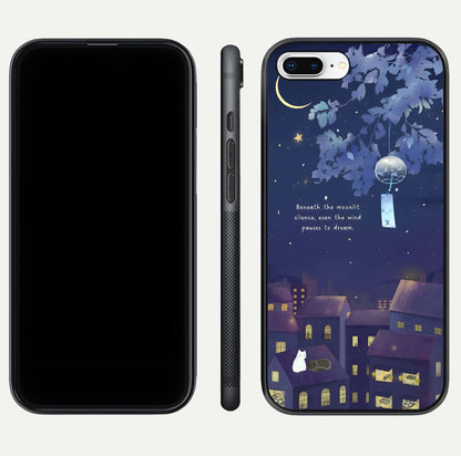 Moonlit Cat Silence Glass Case for iPhone 7 Plus front & back layout highlighting calm tones and edge detail