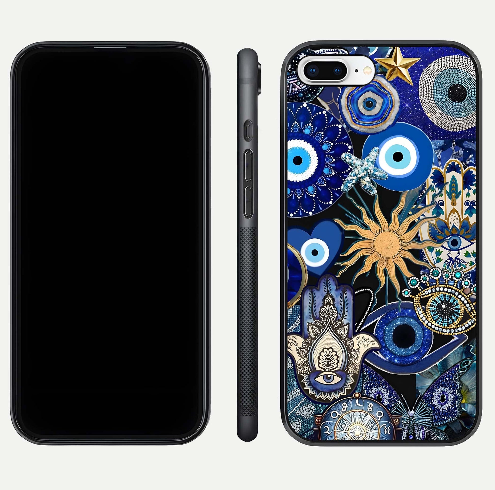 Mystic Blue Evil Eye Glass Case for iPhone 7 Plus front & back layout showing elegant tones and edge finish