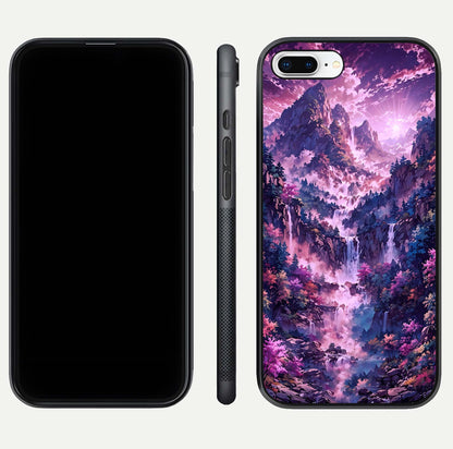 Mystic Cascade Peaks Glass Case for iPhone 7 Plus front & back layout highlighting HD landscape tones