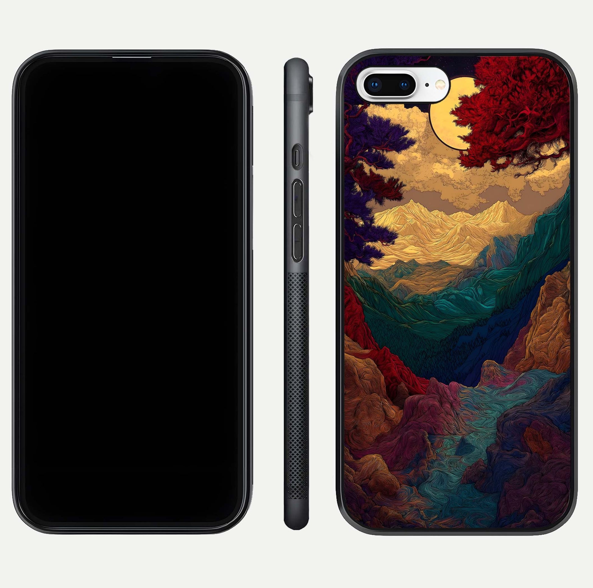 Mystic Valley Light Glass Case for iPhone 7 Plus front & back layout displaying landscape tones and edges