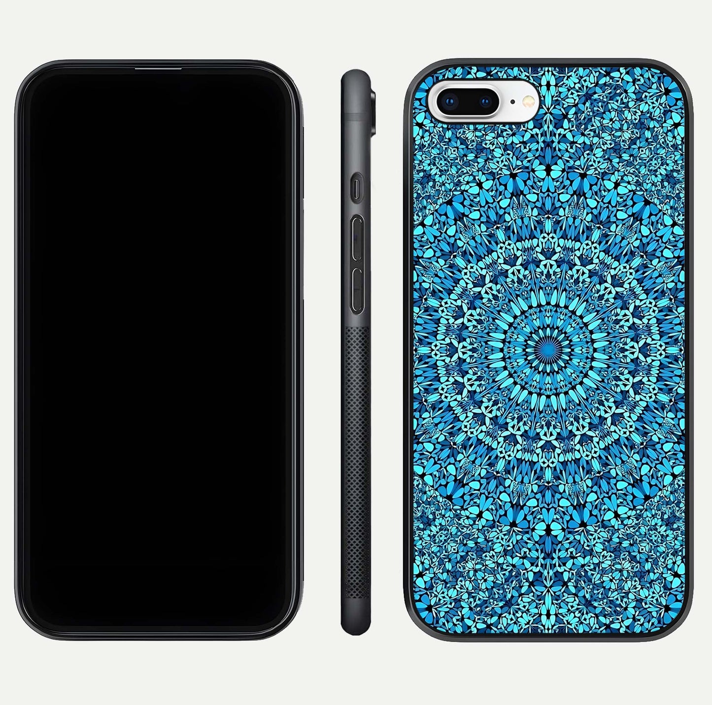 Ocean Bloom Mandala Glass Case for iPhone 7 Plus front & back layout showing ocean tone design and edges