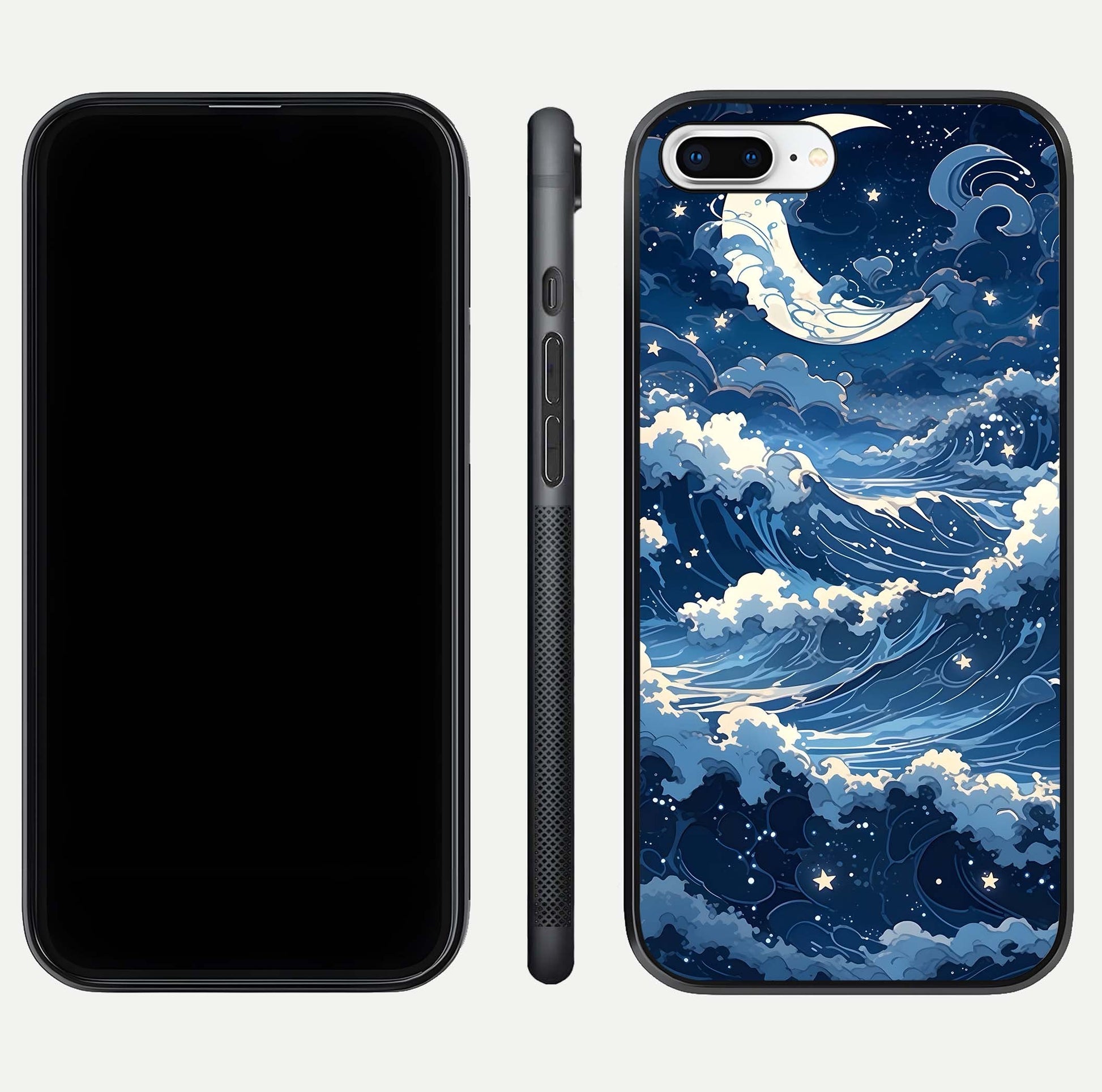 Ocean Moon Waves Glass Case for iPhone 7 Plus front & back layout highlighting water flow and smooth edges