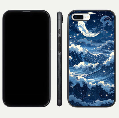 Ocean Moon Waves Glass Case for iPhone 7 Plus front & back layout highlighting water flow and smooth edges