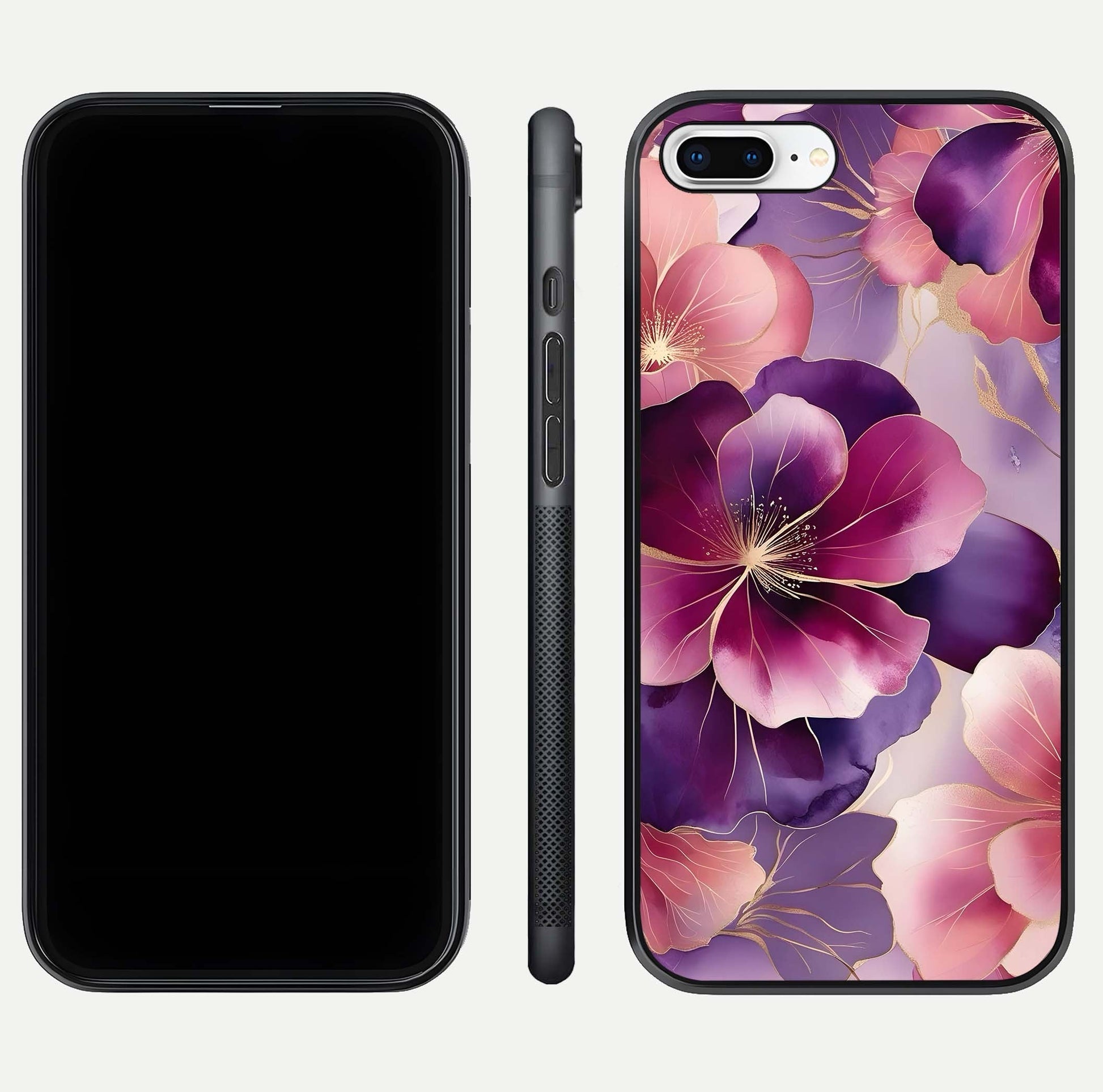 Pink Bouquet Florals Glass Case for iPhone 7 Plus front & back layout highlighting vivid petals and smooth edges