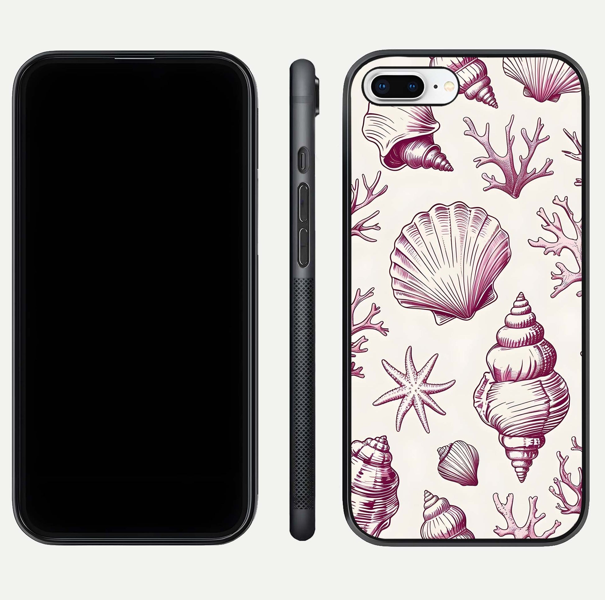 Pink Shells Outline Glass Case for iPhone 7 Plus front & back layout showing soft pastel tones and edge design