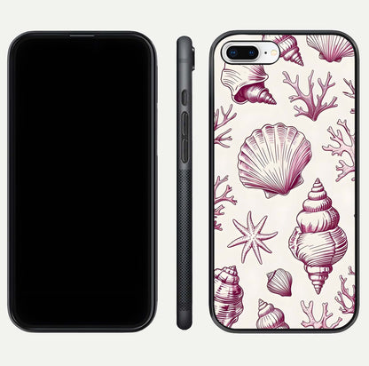 Pink Shells Outline Glass Case for iPhone 7 Plus front & back layout showing soft pastel tones and edge design