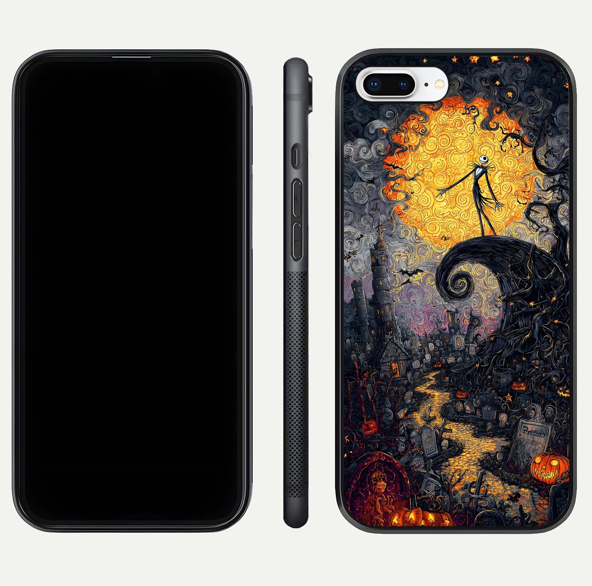 Pumpkin Moon Night Glass Case for iPhone 7 Plus front & back layout highlighting festive tones and smooth edges
