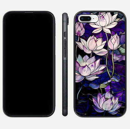 Purple Lotus Pattern Glass Case for iPhone 7 Plus front & back layout highlighting floral tones and soft edges