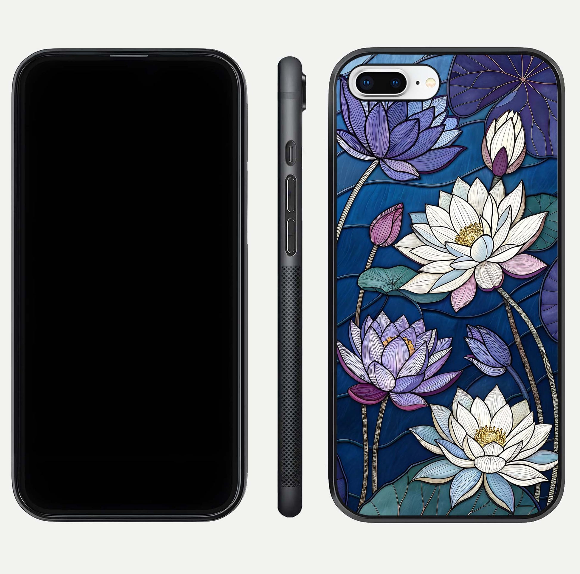 Purple Lotus Stained Glass Case for iPhone 7 Plus front & back layout showing bright tones and smooth edge finish