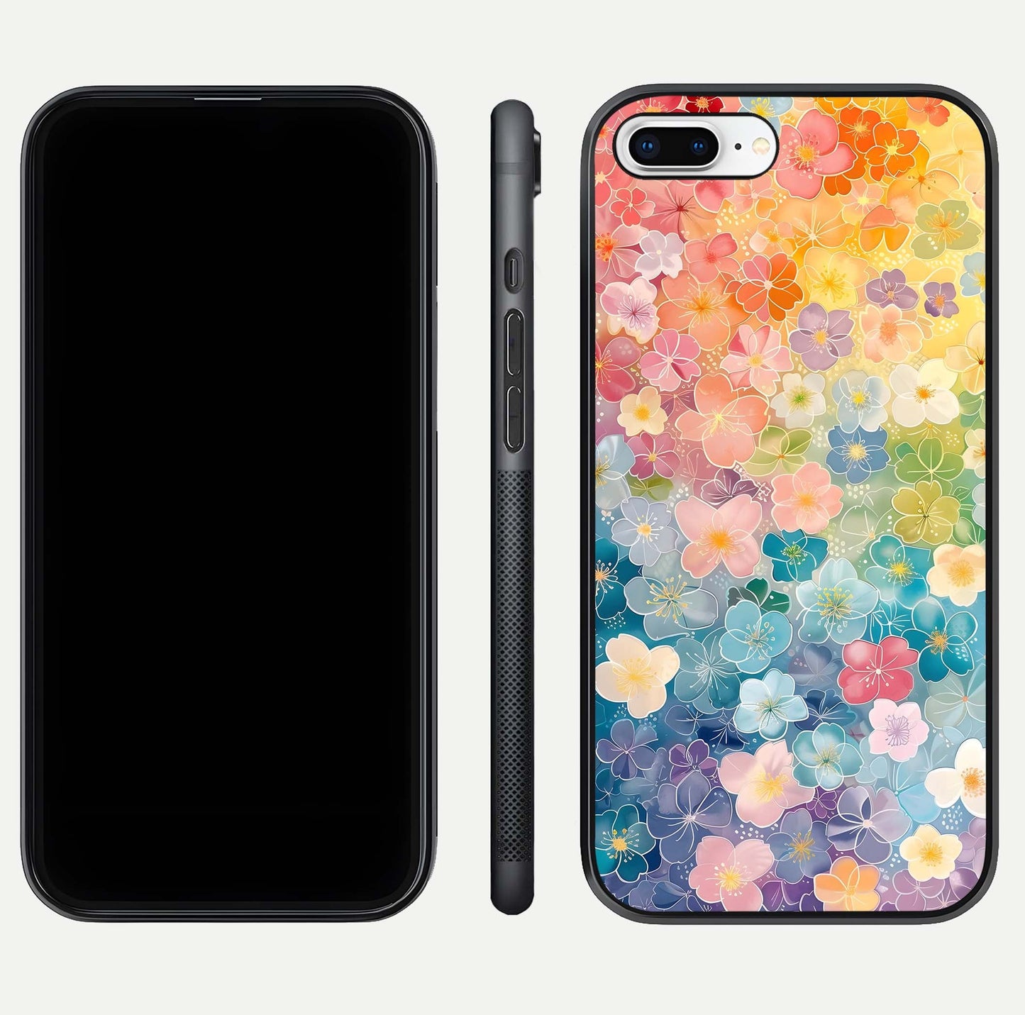 Rainbow Blossom Burst Glass Case for iPhone 7 Plus front & back layout showing bright tones and edge finish