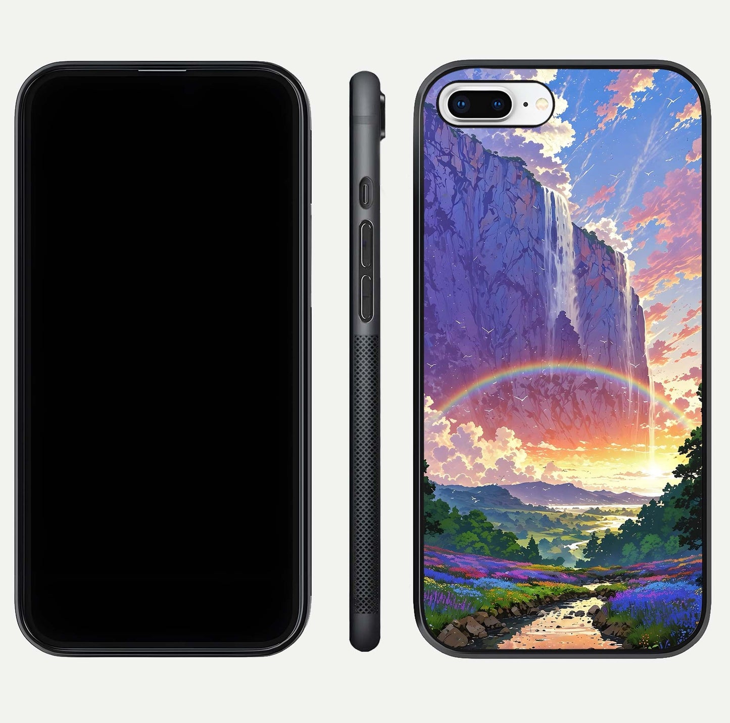 Rainbow Valley Dream Glass Case for iPhone 16 Pro front & back layout showing smooth color blend and curved edge