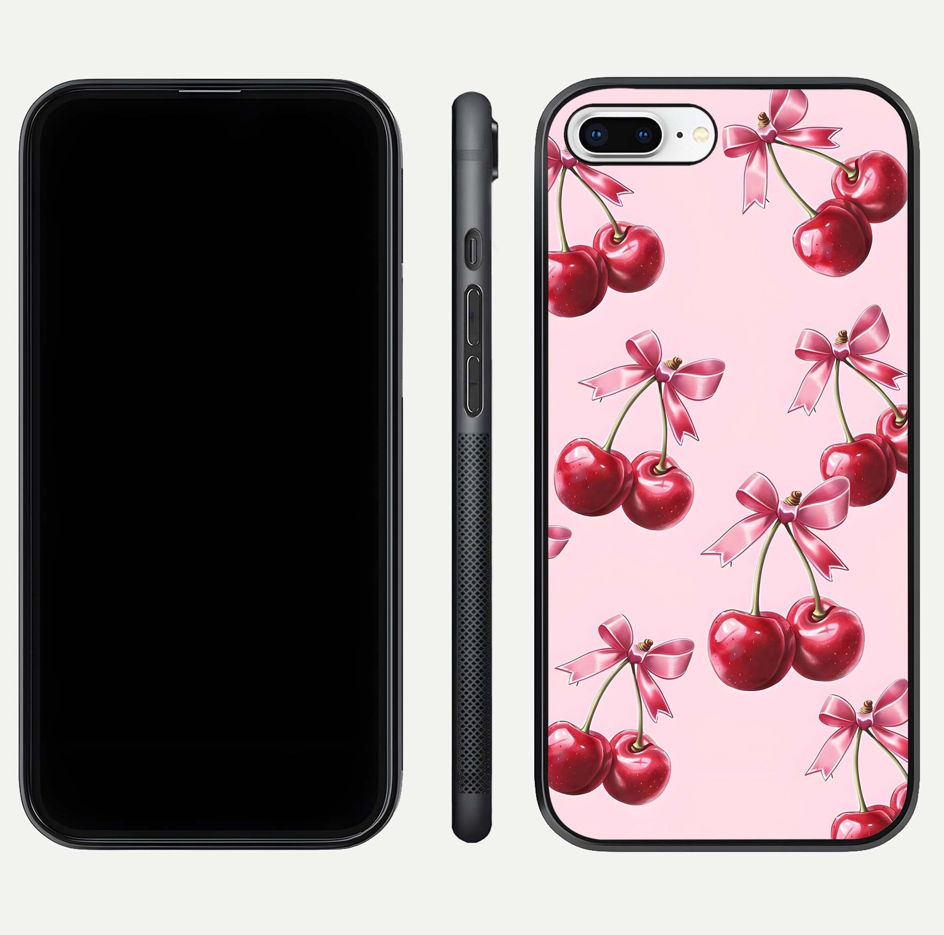 Red Cherries Pattern Glass Case for iPhone 7 Plus front & back layout highlighting vibrant fruit print and edges