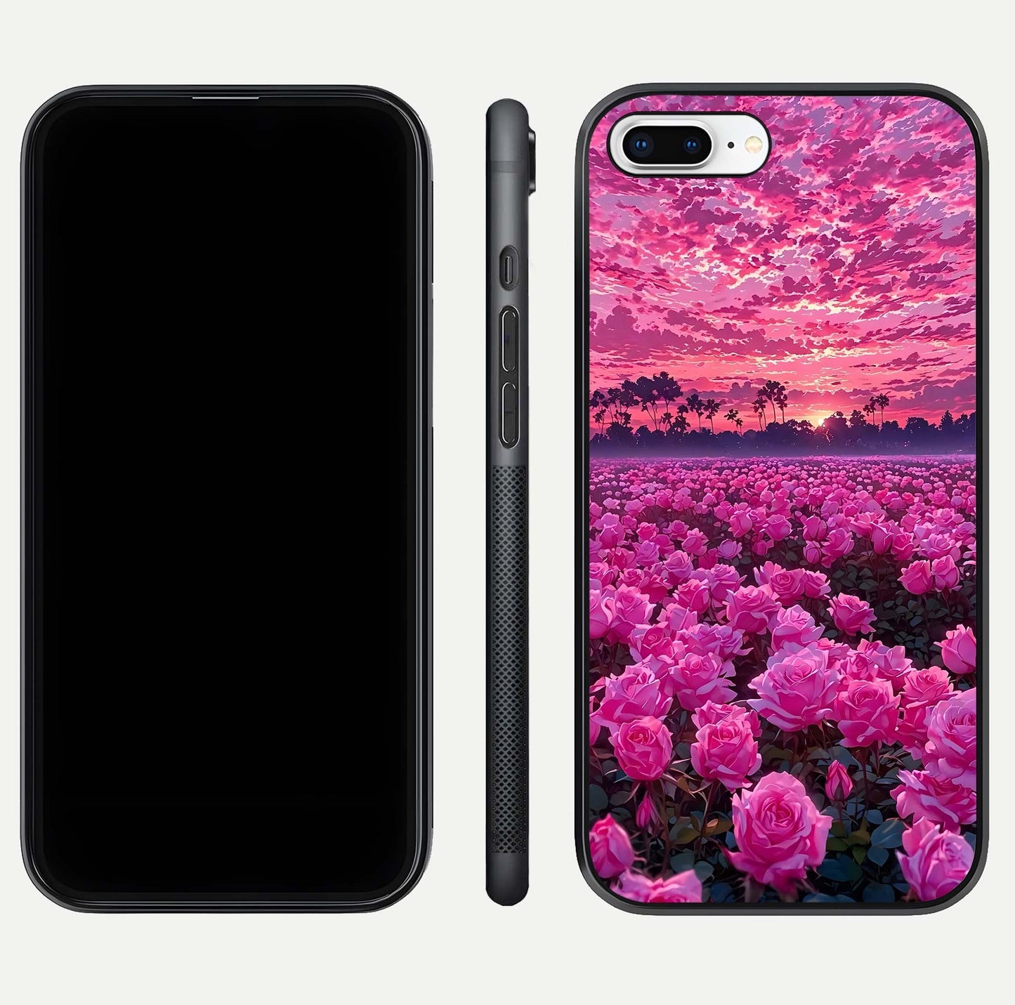 Rose Sunset Valley Glass Case for iPhone 7 Plus front & back layout highlighting gradient tones and glass shine