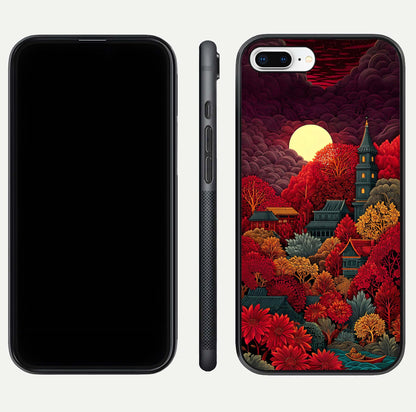 Scarlet Autumn Temple Glass Case for iPhone 7 Plus front & back layout showing scenic tones and curved edges