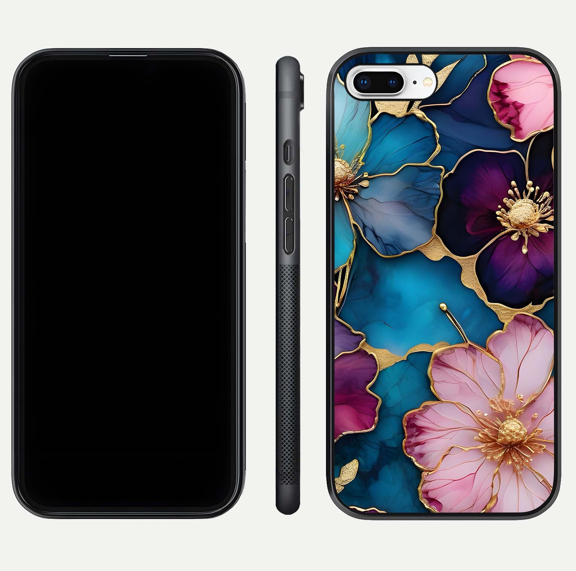 Sparkle Floral Glass Case for iPhone 7 Plus front & back layout showing floral print and edge clarity