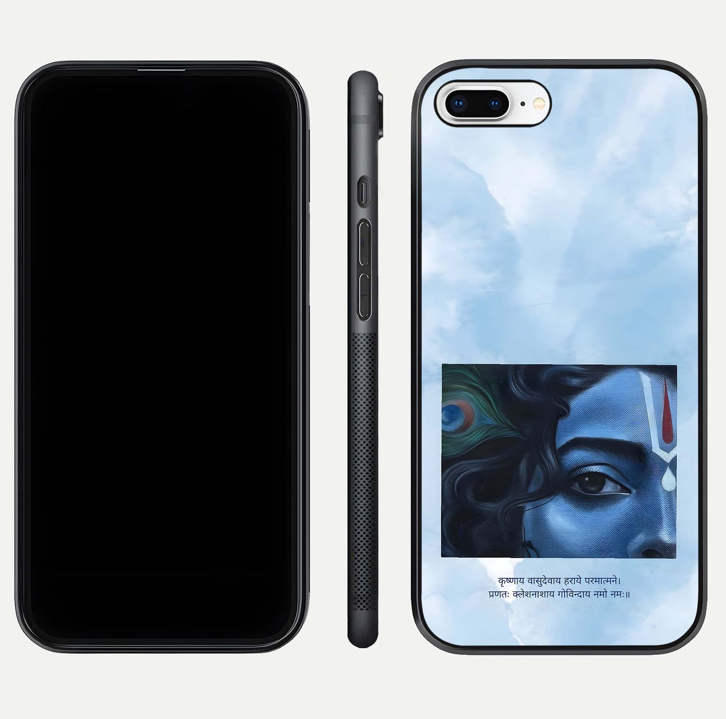 Spiritual Krishna Glass Case for iPhone 16 Pro front & back layout showing spiritual artwork and clean edge