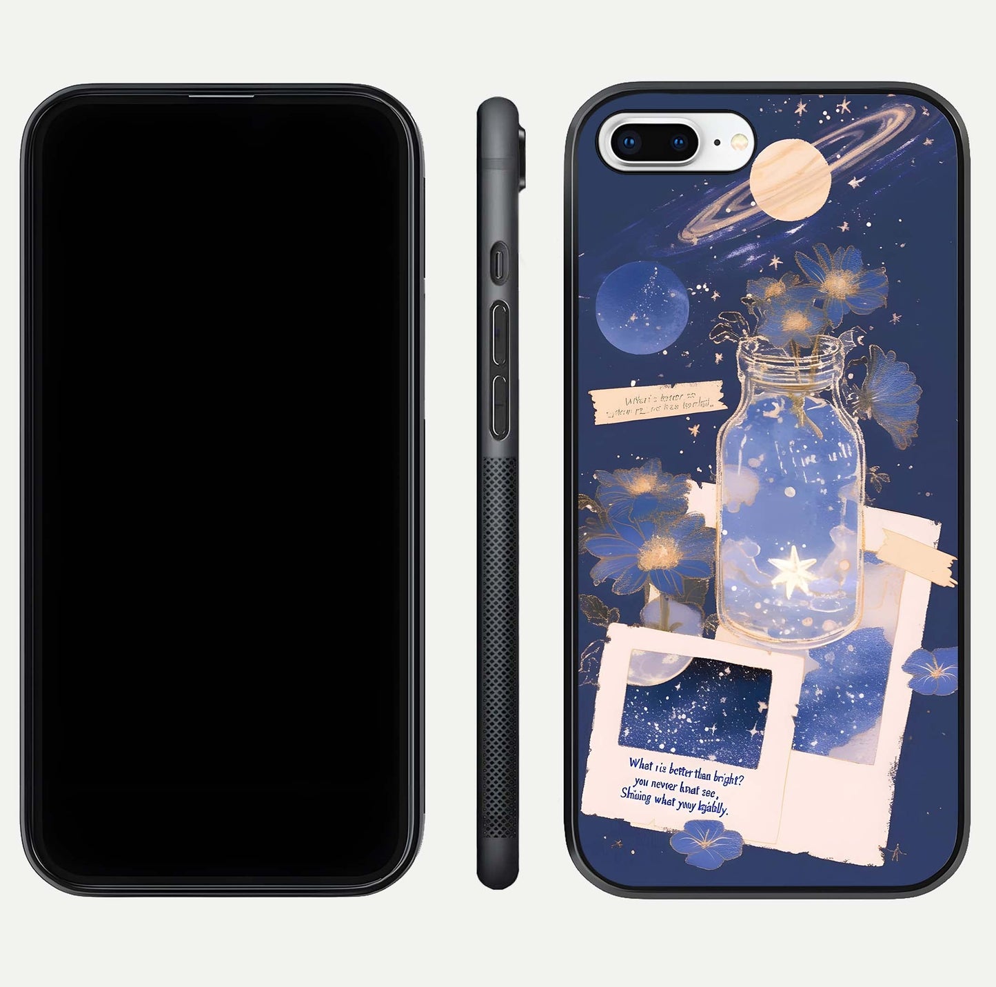 Starlit Cosmic Jar Glass Case for iPhone 7 Plus front & back layout showing cosmic pattern and curved glass edge