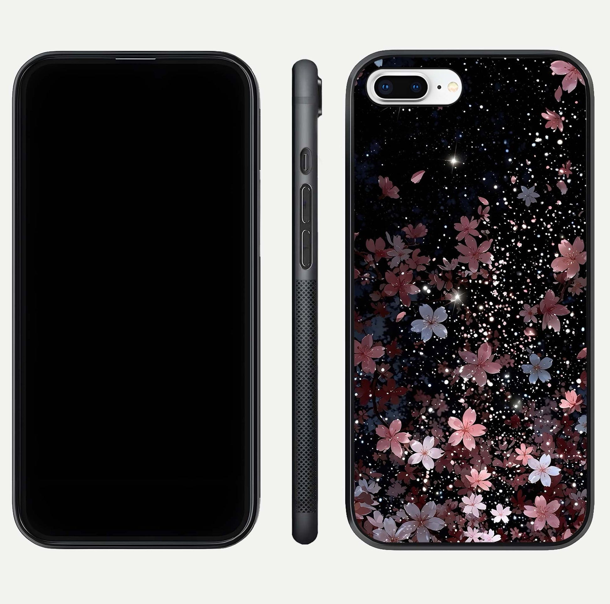 Starlit Flower Dreams Glass Case for iPhone 7 Plus front & back layout showing soft bloom design and curved edge