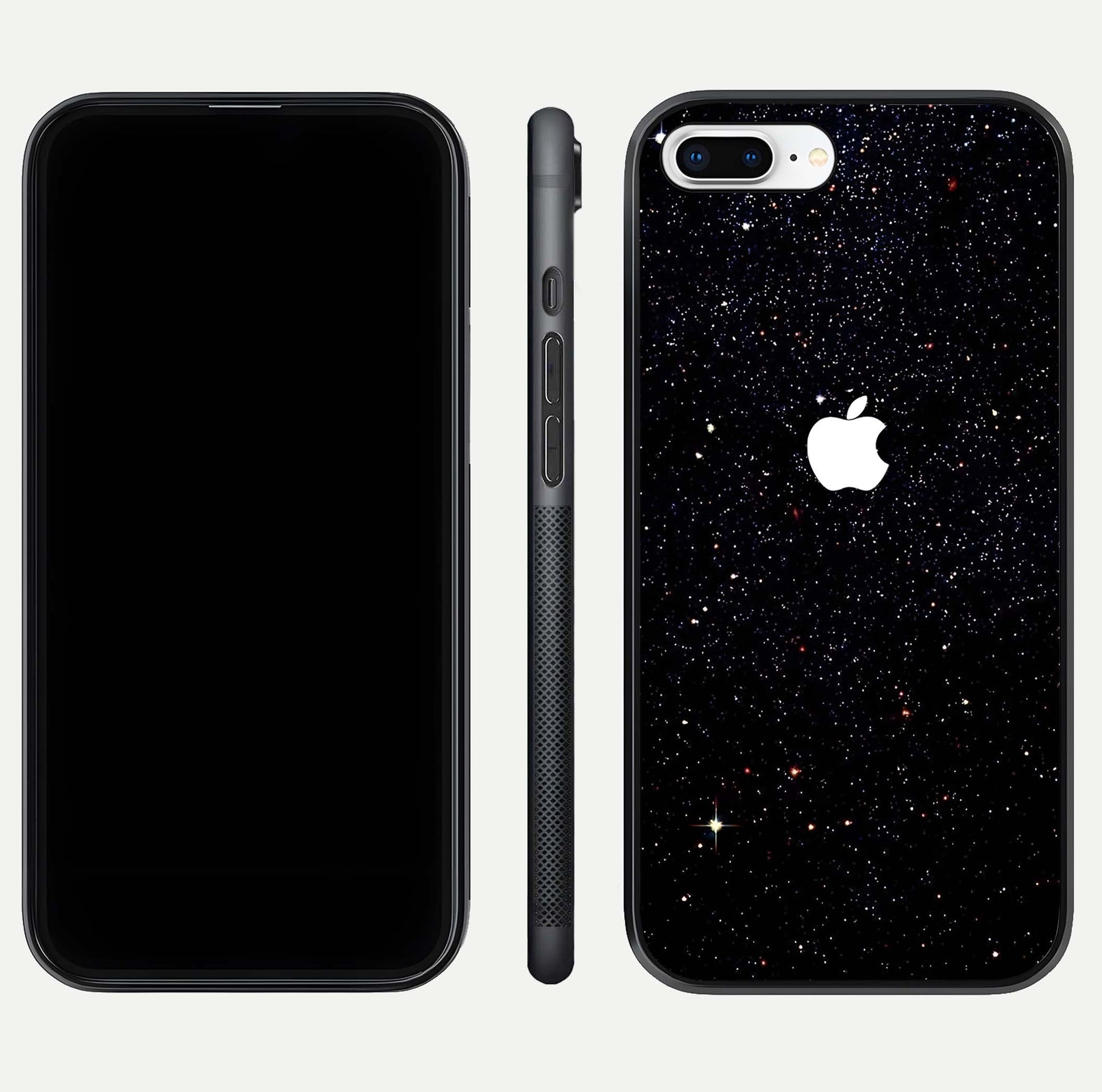 Starry Apple Galaxy Glass Case for iPhone 7 Plus front & back layout showing cosmic tones and sleek edge