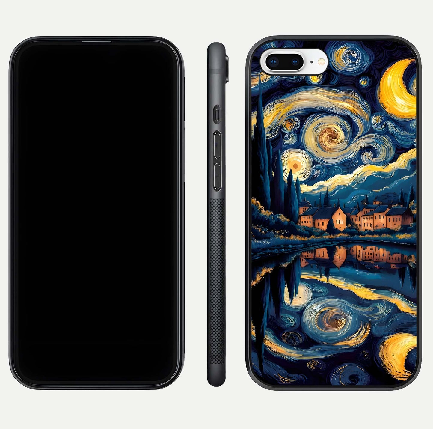 Starry Sky Serenity Glass Case for iPhone 7 Plus front & back layout showing stars and curved glass edges