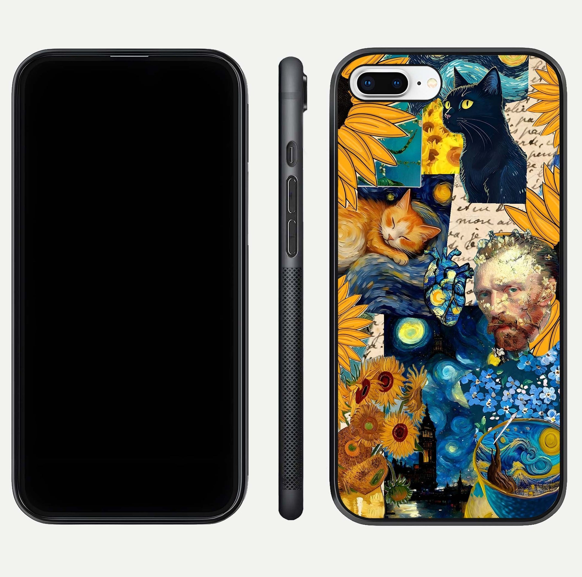 Sunflower Cat Art Glass Case for iPhone 7 Plus front & back layout showing detailed floral cat design and edges