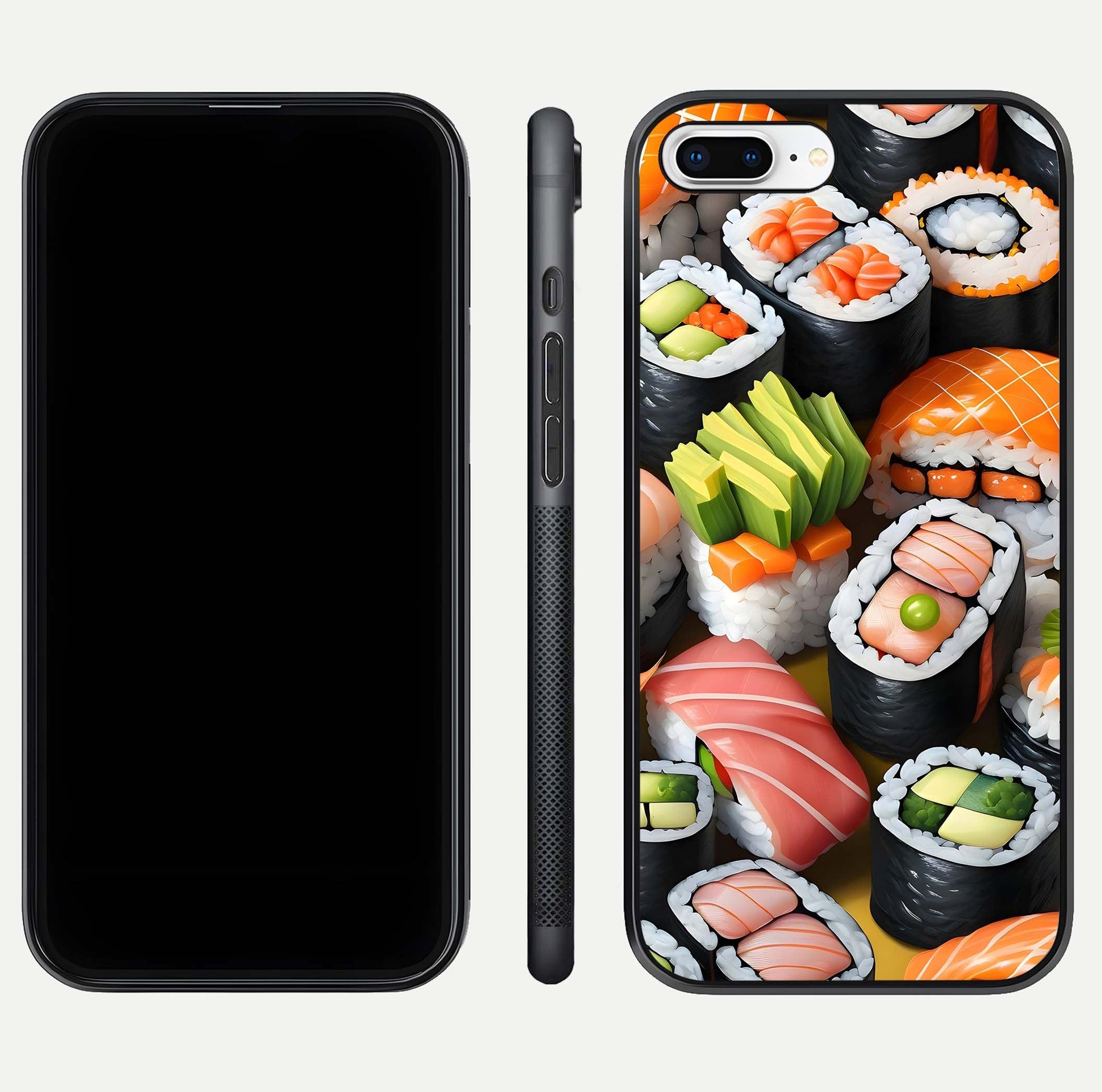Sushi Food Pattern Glass Case for iPhone 7 Plus front & back layout showing playful food theme and clear edges