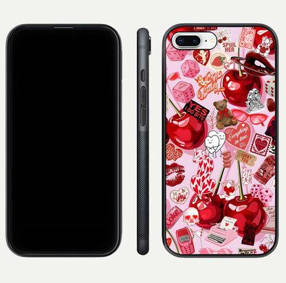 Sweet Cherry Chaos Glass Case for iPhone 7 Plus front & back layout showing vibrant cherries and smooth edges