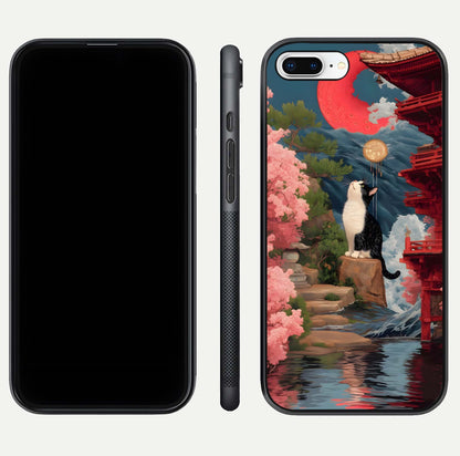 Temple Cat Scenery Glass Case for iPhone 7 Plus front & back layout showing scenic print and edge design