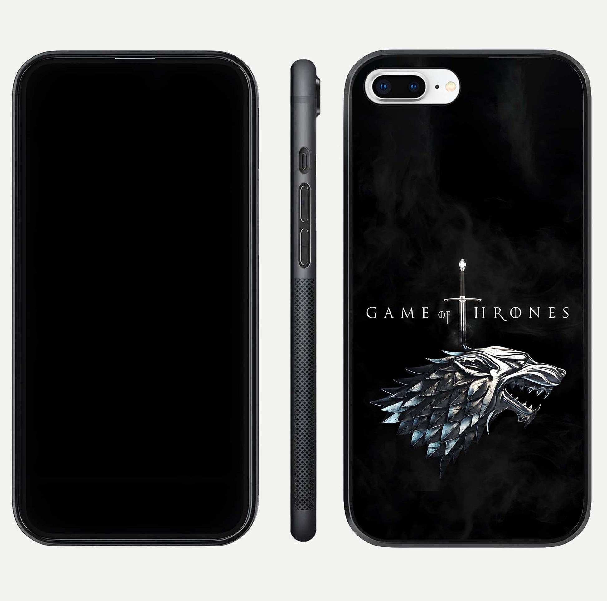 Throne Wolf Legacy Glass Case for iPhone 7 Plus front & back layout showing bold pattern and sharp edge