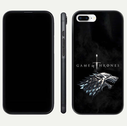 Throne Wolf Legacy Glass Case for iPhone 7 Plus front & back layout showing bold pattern and sharp edge