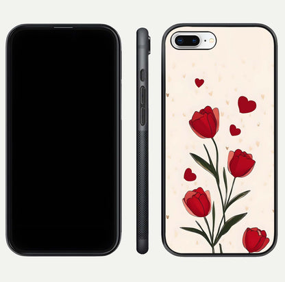 Tulip With Heart Glass Case for iPhone 7 Plus front & back layout showing heart motif and elegant gloss finish