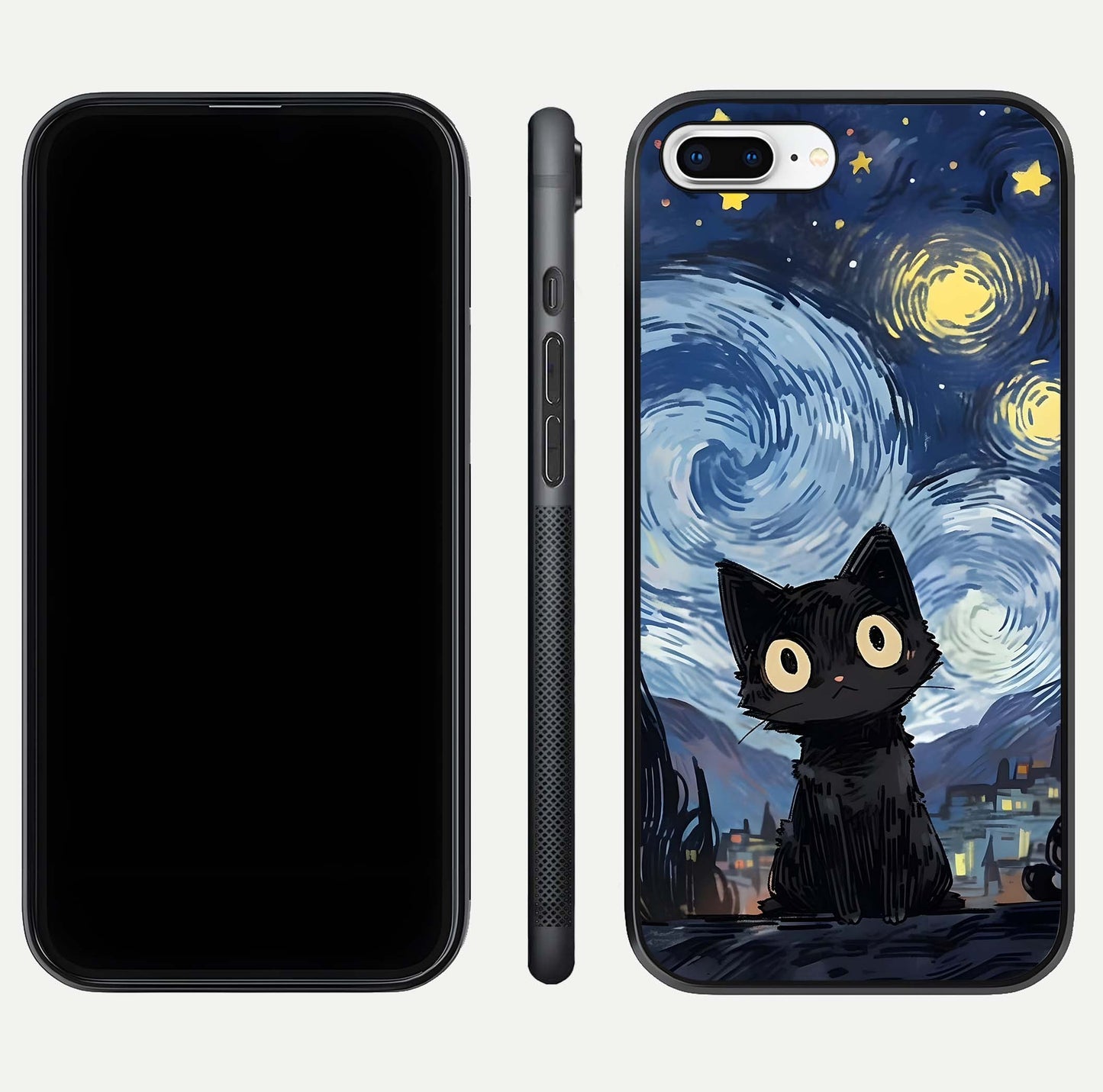 Van Gogh Cat Glass Case for iPhone 7 Plus front & back layout showing detailed art print and curved glass edges