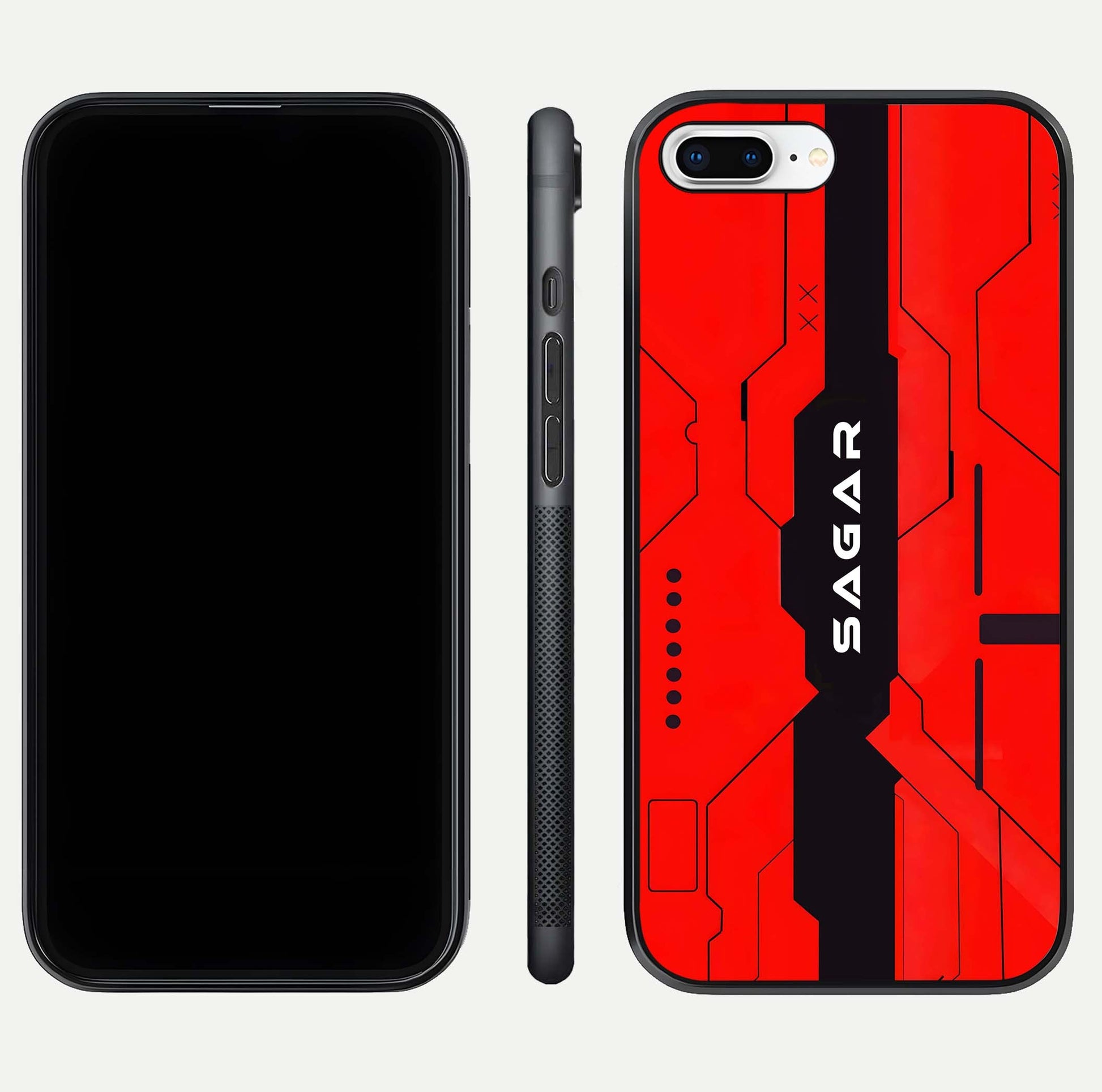 Voltage Rise CYBERPUNK Custom Name Glass Case for iPhone 7 Plus front & back layout showing futuristic tones and sleek edge